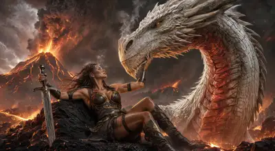 Epic Fantasy Woman and Dragon Volcanic Scene