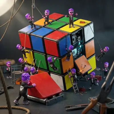 Trabalhadores em miniatura resolvendo um cubo de Rubik gigante