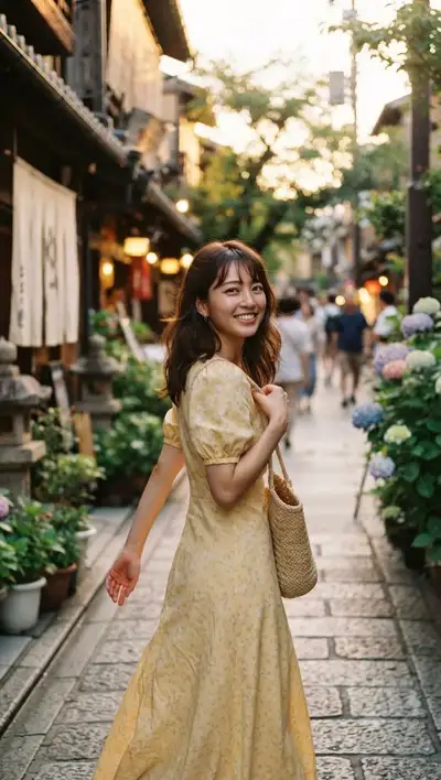 Portrait spontané au coucher du soleil dans une rue pavée japonaise