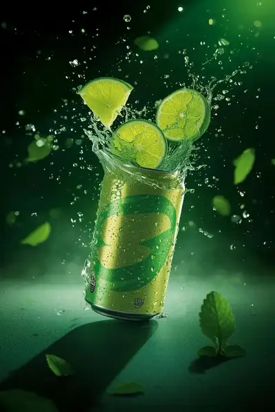 Exploding lime soda can commercial product shot