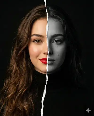Conceptual portrait split between color joy and mono sorrow