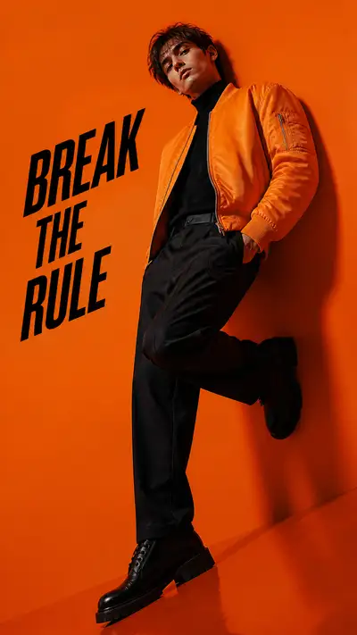 Orange bomber jacket dutch-angle fashion poster