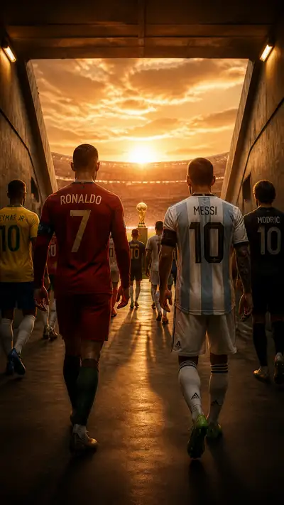 Ronaldo and Messi walking to the World Cup trophy