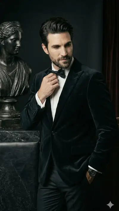 Sophisticated Gentleman in Black Velvet Tuxedo