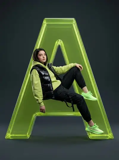 Fashion portrait inside glowing glass letter A sculpture