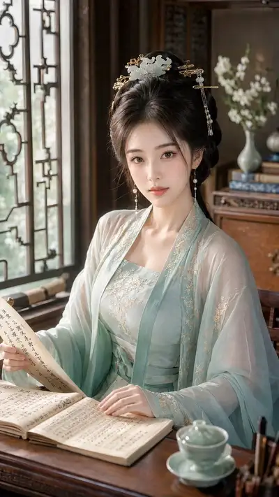 Retrato de belleza de piel de cristal de una noble china antigua