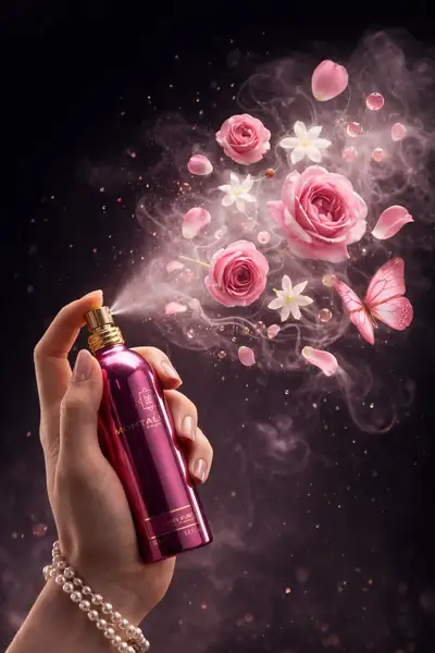 Hand spraying a metallic pink perfume bottle with floating flowers