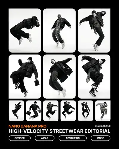 Monochromes Hypebeast-Editorial, schwerelose Pose, JSON