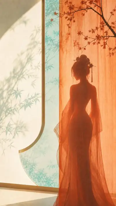 Minimalist zen silhouette poster behind sheer orange curtain