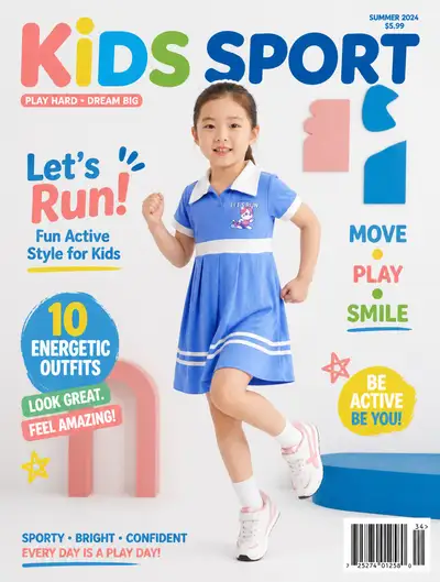 Kids sport magazine cover with cheerful running girl