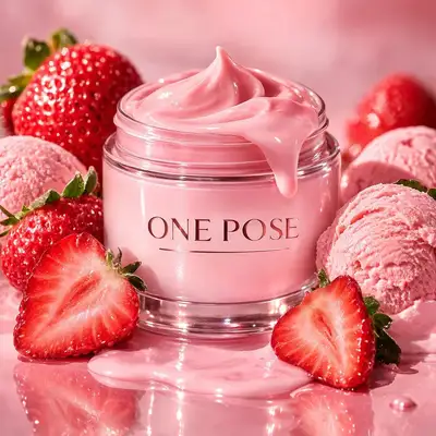 Luxury strawberry cream skincare jar with dripping product