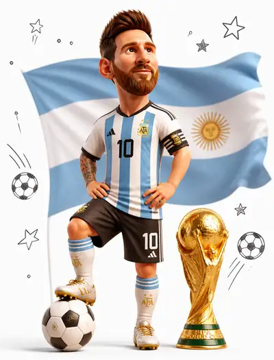 3D caricature of a football star holding the World Cup trophy