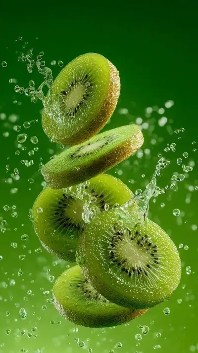 Sliced kiwi splashing in water spray