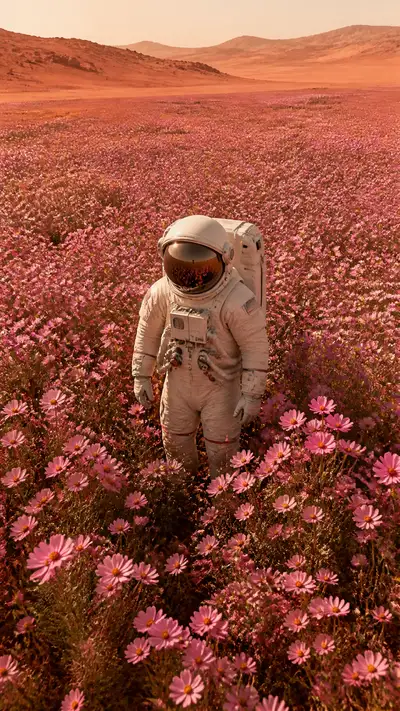 Astronauta em pé em um campo de flores cósmicas marcianas rosas
