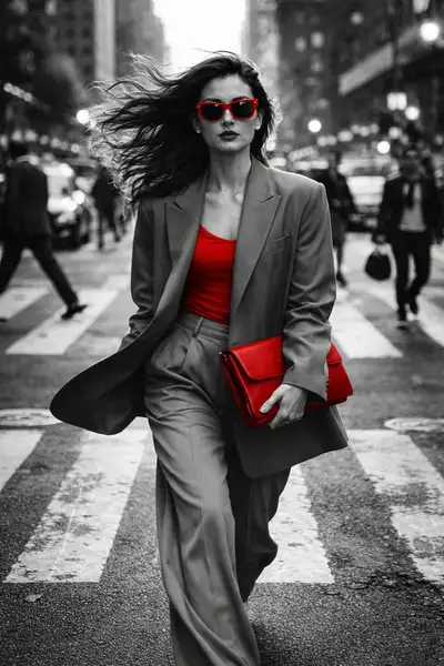 Moda callejera en blanco y negro con acentos rojos