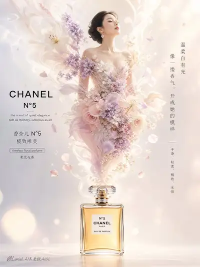 Chanel No 5 perfume ad with a woman formed from floral mist
