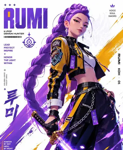Póster de personaje estilizado de Rumi de K-pop Demon Hunters