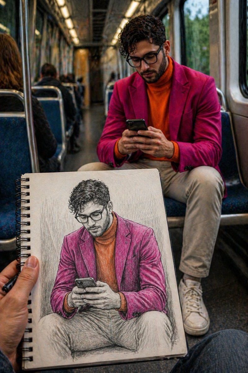 Sketchbook-to-reality subway portrait illusion