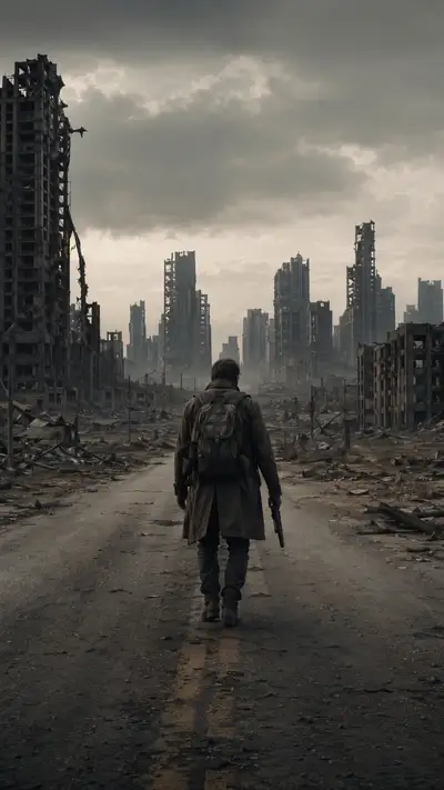 Post-apocalyptic wasteland scene in Nolan style