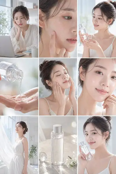 Bright skincare transformation storyboard (9 panels)