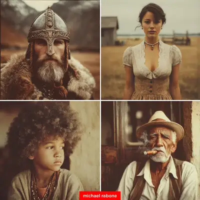 Photographie de portrait orange rouillé style Midjourney avec jetons de personnage
