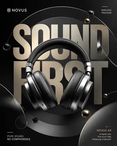Wireless headphones advertising poster with graphic rings