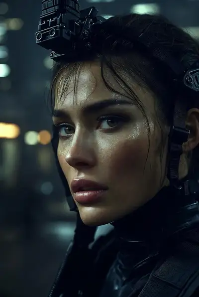 Tactical Female Operative in Rain-Soaked Urban Night