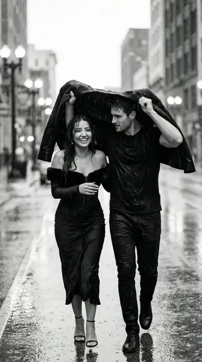Photoreal Documentary Couple in Rain B&W