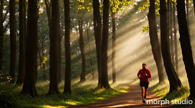 Man Running Through Forest with Sun Rays