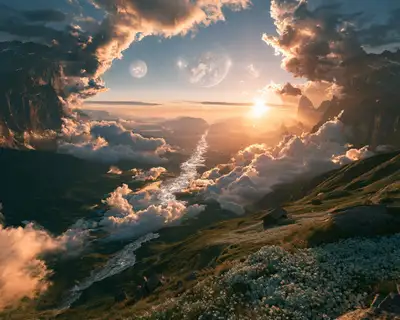 Impossible Alpine Valley at Dawn with Three Suns
