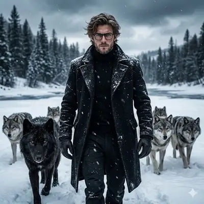Filmisches Porträt eines Mannes, der mit einem Wolfsrudel im Schnee geht