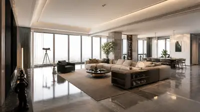Modern luxury living room wide-angle interior render prompt