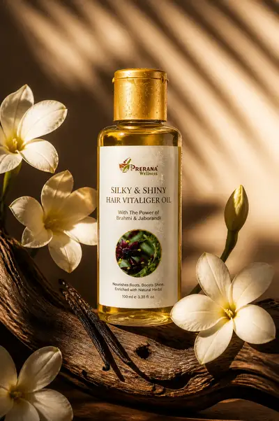 Amber haircare oil bottle styled with driftwood and florals