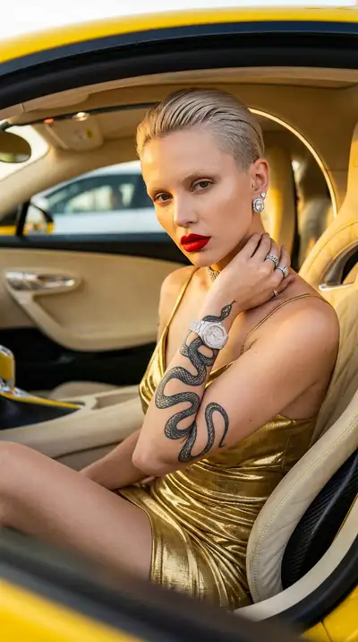Luxury Fashion Portrait: Gold Lamé in Bugatti