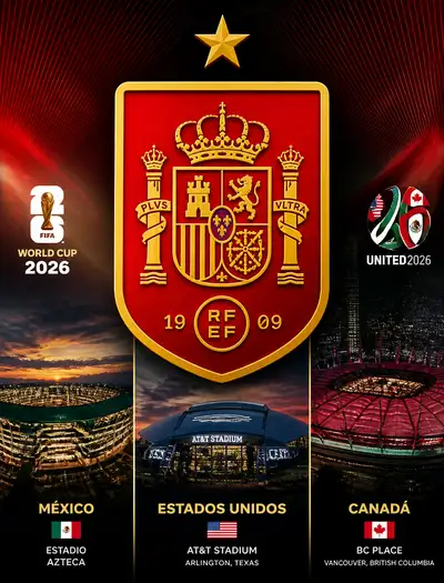Spain national football shield with 2026 World Cup stadiums