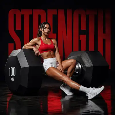 Fitness campaign portrait beside an oversized dumbbell