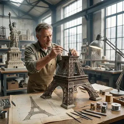 Cinematic portrait of a model maker building a scale replica