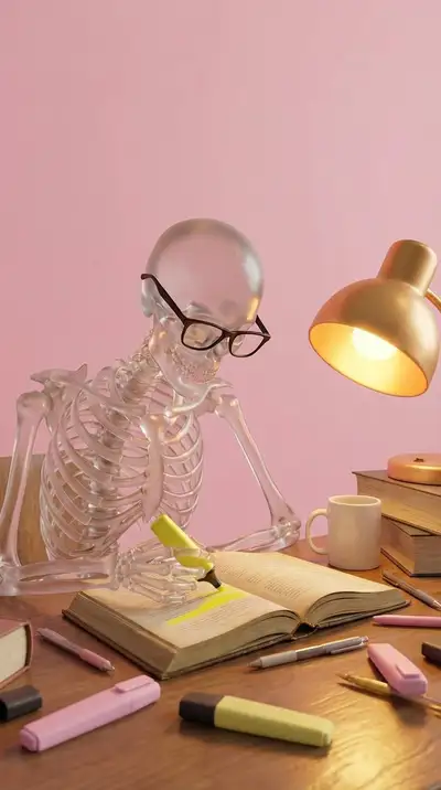 Glass skeleton studying at a desk with a highlighter