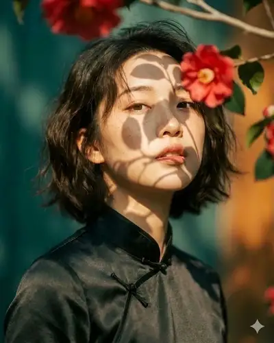Cheongsam portrait among red camellia flowers