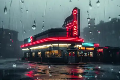 Restaurant néon rétrofuturiste sous une forte tempête de pluie