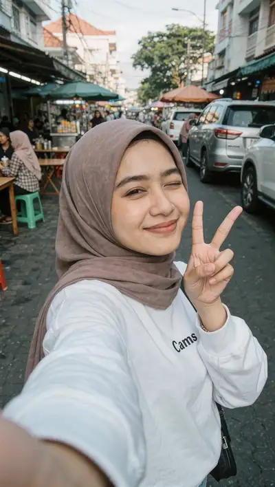 Indonesische Frau Selfie Street-Food-Bereich