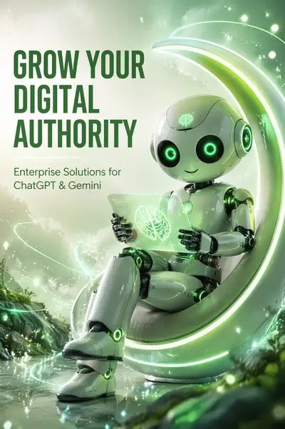 Cute humanoid robot AI branding advertisement in neon green