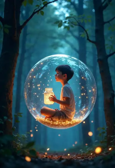 Cinematic Boy in Glowing Bubble Forest