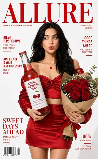 Luxusmodemagazin-Cover mit Limonade und Rosen