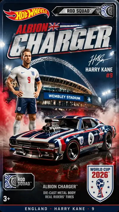 Hot Wheels poster of Harry Kane as Albion Charger car