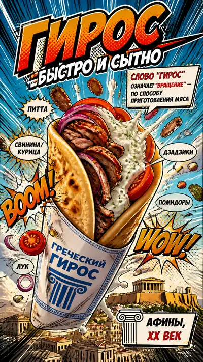 Comic-style advertisement poster for Greek gyros