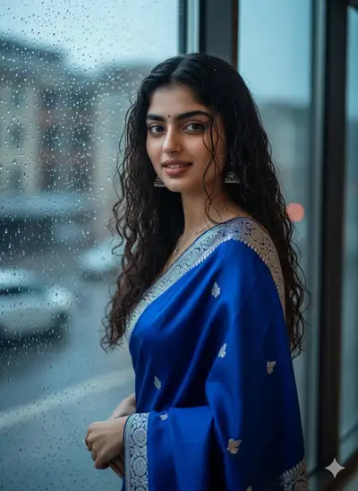 Royal Blue Silk Saree Portrait by Rainy Window
