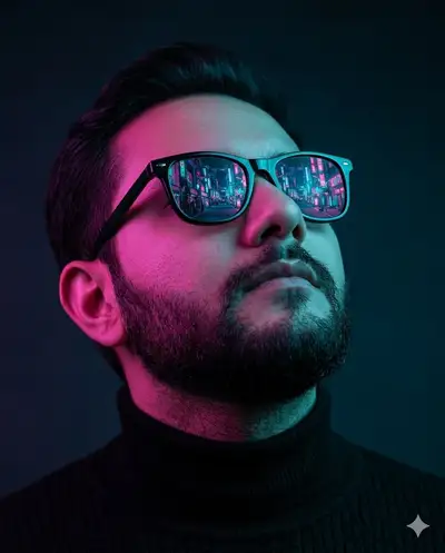 Portrait cyberpunk bicolore avec reflet néon sur les lunettes