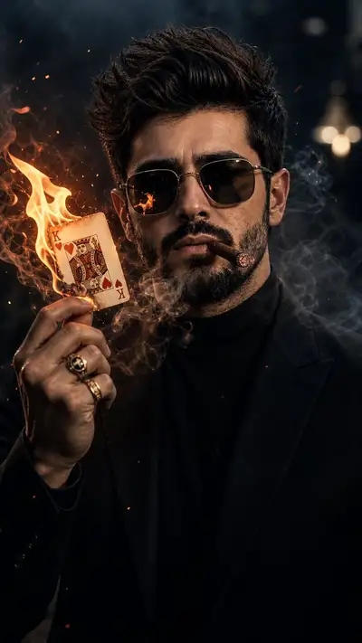 Retrato Cinemático de Anti-Héroe Noir con Tarjeta Ardiente