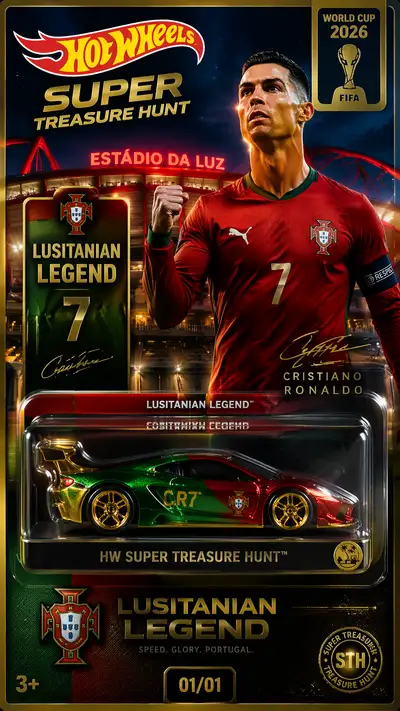 Hot Wheels poster of Cristiano Ronaldo as Lusitanian Legend car